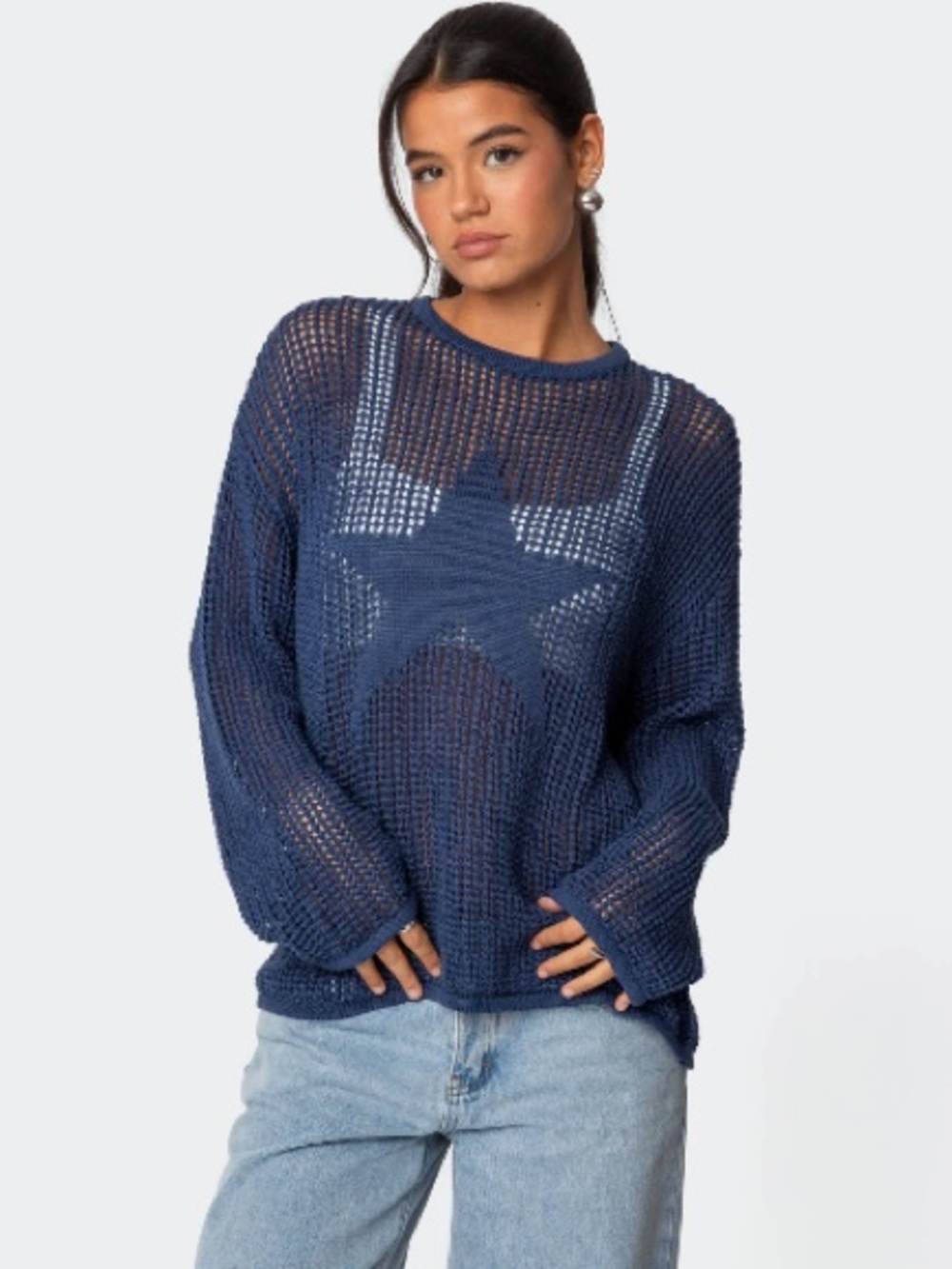 Edikted Navy Open-Knit Star Sweater